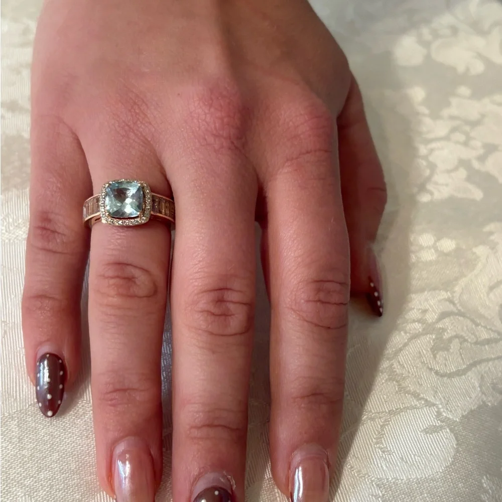 LeVian 14k Strawberry Gold Ring Blue stone surrounded by Diamonds & Baguettes - Picture 3 of 11